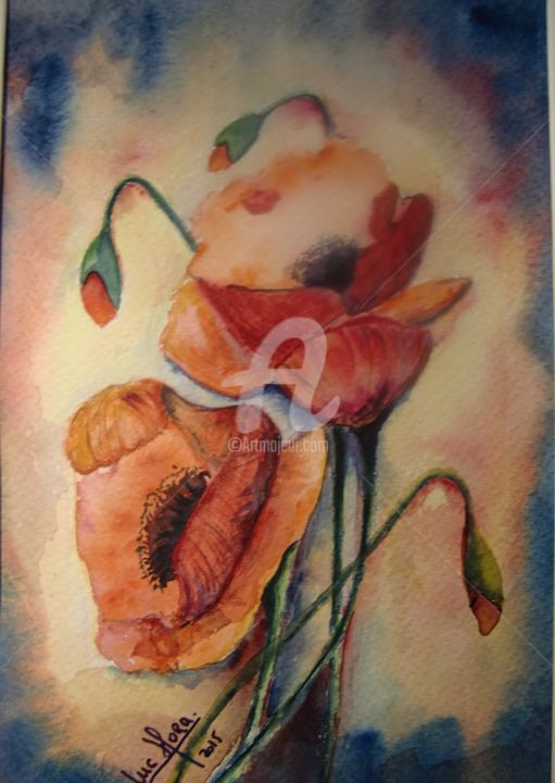 Painting titled "Coquelicots  torrid…" by Luc Mora, Original Artwork, Watercolor