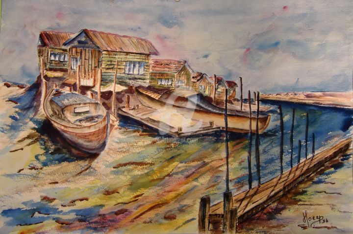 Schilderij getiteld "Port Gujan Mestras" door Luc Mora, Origineel Kunstwerk, Aquarel