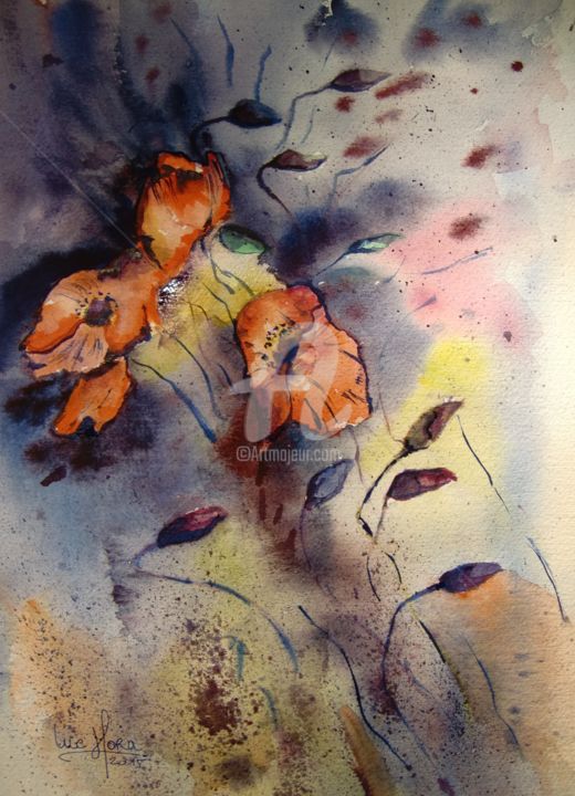 Painting titled "Coquelicots du matin" by Luc Mora, Original Artwork, Watercolor