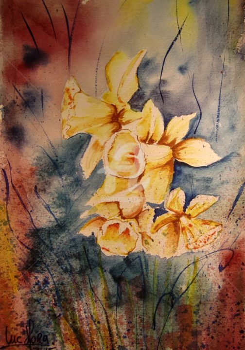 Painting titled "Jonquilles" by Luc Mora, Original Artwork, Watercolor