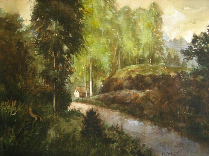 Pittura intitolato "Road on the hill" da Luc, Opera d'arte originale, Acquarello