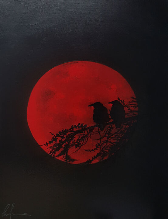 Painting titled "Notte di luna rossa" by Luca Azzurro Arts, Original Artwork, Acrylic