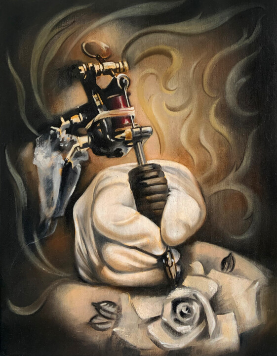 Painting titled "TATTOO | OLIO SU TE…" by Luca Gelosa, Original Artwork, Oil Mounted on Wood Stretcher frame