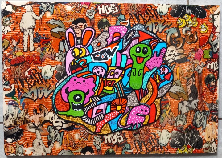 Peinture intitulée "happy street pop bo…" par Luca Oddoni (OneFake), Œuvre d'art originale, Acrylique Monté sur Autre pannea…