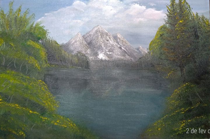 Pintura intitulada "Lago escondido" por Lucas Santos (Closer), Obras de arte originais, Óleo Montado em Painel de madeira