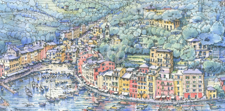 Painting titled "Portofino" by Luca Massone, Original Artwork, Watercolor