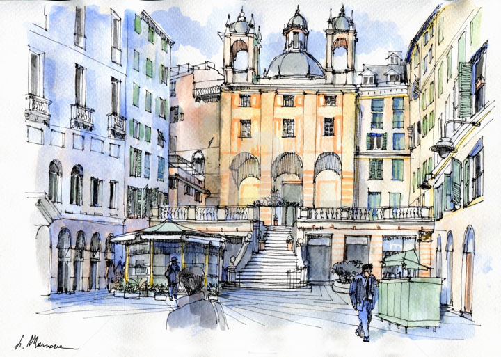 Pintura intitulada "Piazza Banchi a Gen…" por Luca Massone, Obras de arte originais, Óleo