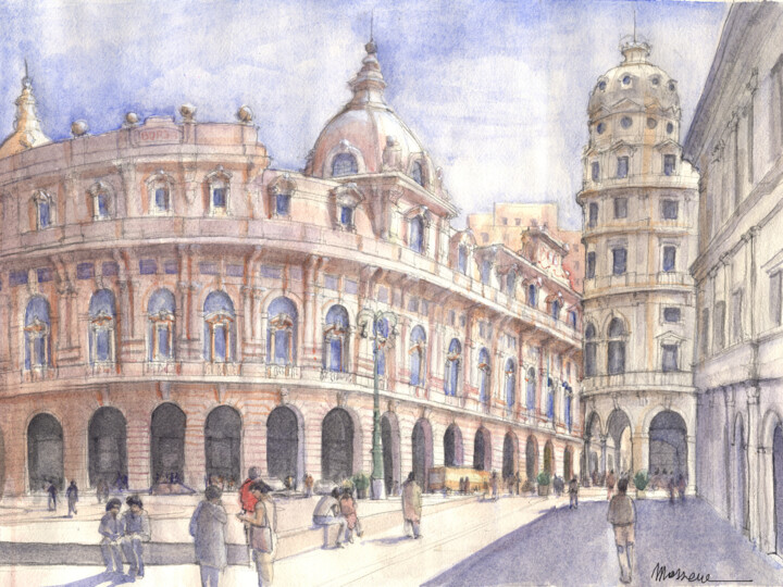 Painting titled "Piazza De Ferrari a…" by Luca Massone, Original Artwork, Watercolor