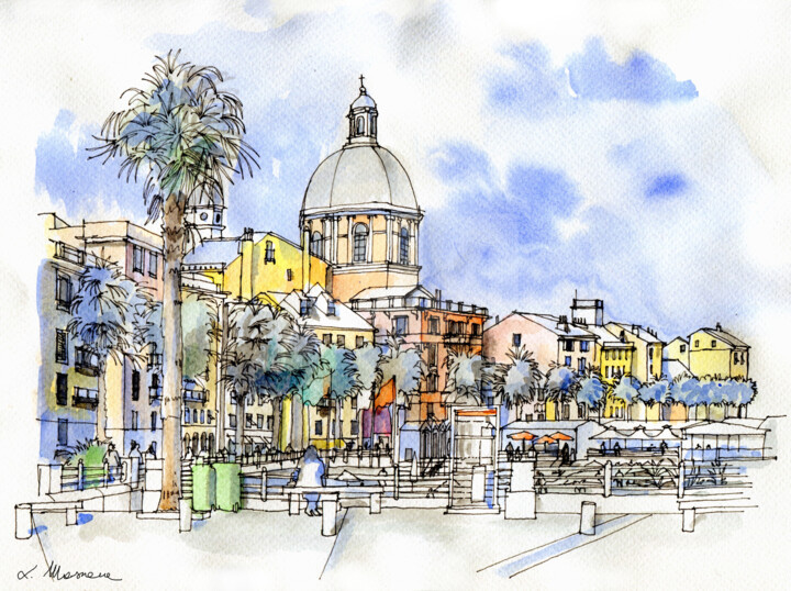 Pittura intitolato "Lungomare di Genova…" da Luca Massone, Opera d'arte originale, Acquarello