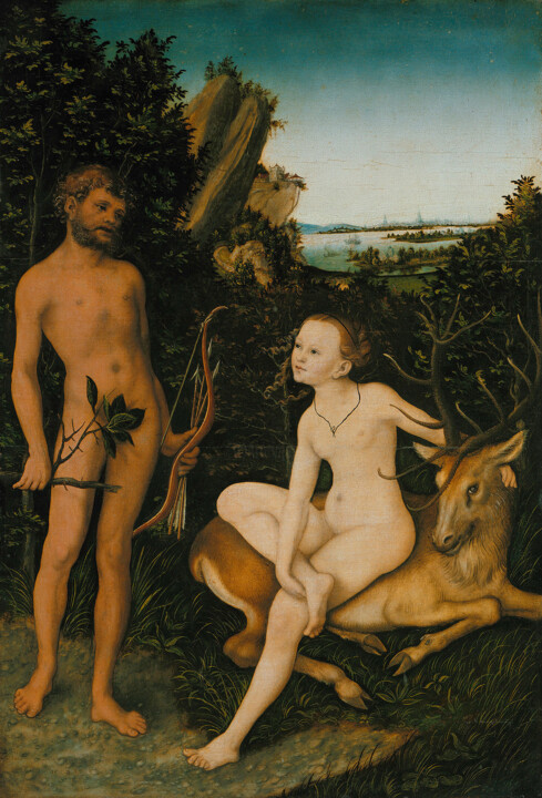 Painting titled "Apollo and Diana" by Lucas Cranach The Elder, Original Artwork, Oil