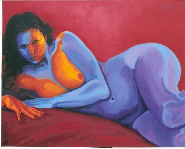 Картина под названием ""FEMME SUR ROUGE SA…" - Luccia Lignan, Подлинное произведение искусства, Акрил