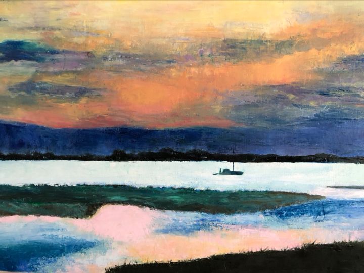 Painting titled "Coucher de soleil à…" by Luce Rousselet, Original Artwork, Oil