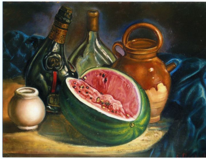 Painting titled "La pastèque" by Charles Floutard, Original Artwork, Oil