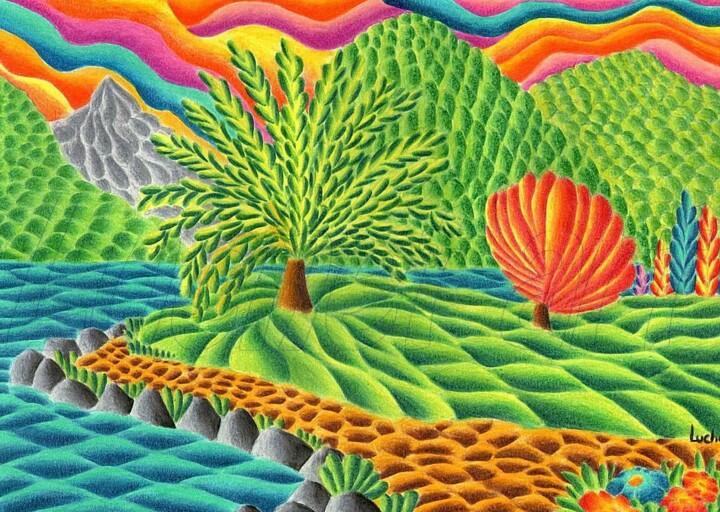 Картина под названием "Ascoltando il silen…" - Luchet, Подлинное произведение искусства, Цветные карандаши