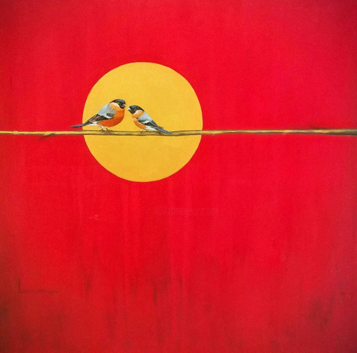 Painting titled ""Bird on red"" by Vasyl Luchkiv, Original Artwork, Oil