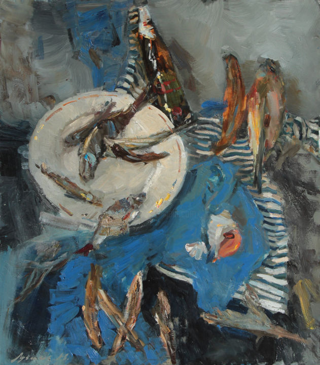 Картина под названием "catch" - Oleksii Luchnikov, Подлинное произведение искусства, Масло