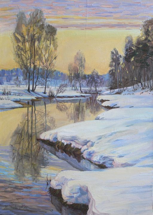 Картина под названием "Зима на реке" - Людмила Киселева, Подлинное произведение искусства, Масло Установлен на Деревянная ра…