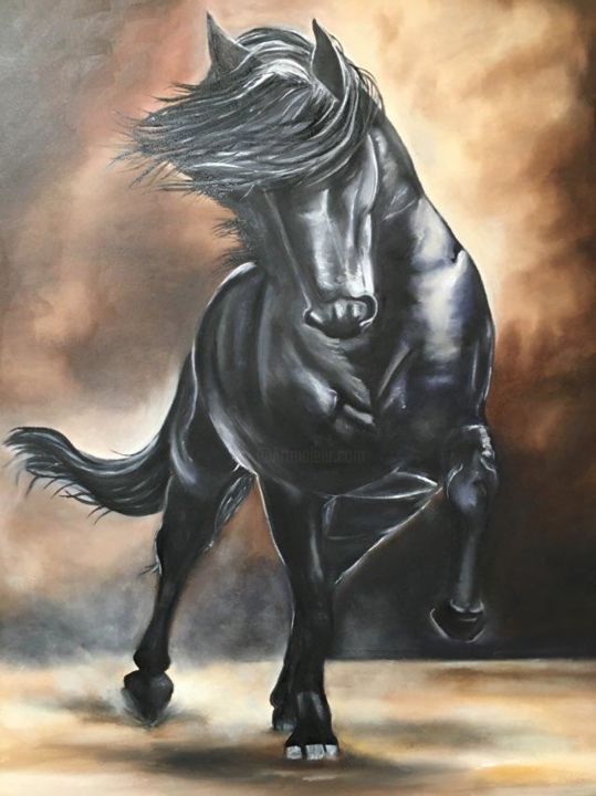 Painting titled "étalon noir" by Lucia Campos Lebacq, Original Artwork, Oil