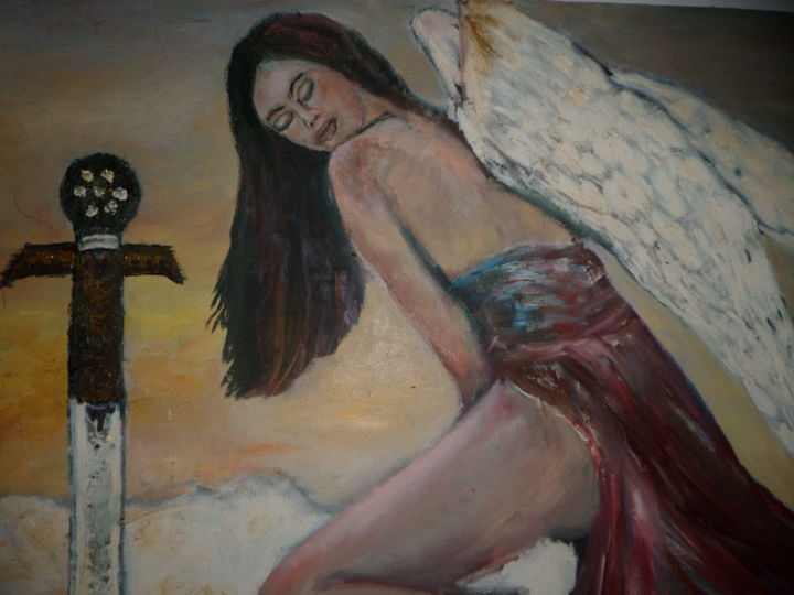 Pintura intitulada "Angel and the sword" por Lucia Costa, Obras de arte originais, Óleo