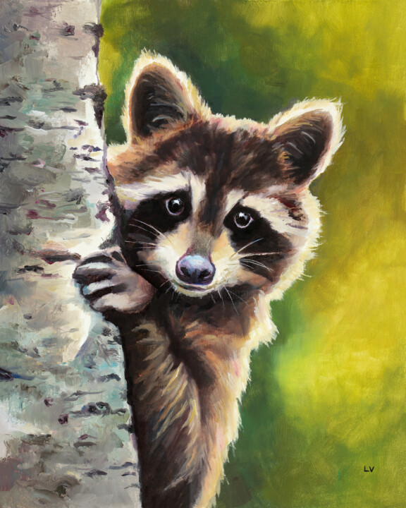 Painting titled "Cute baby racoon on…" by Lucia Verdejo, Original Artwork, Oil Mounted on Wood Panel