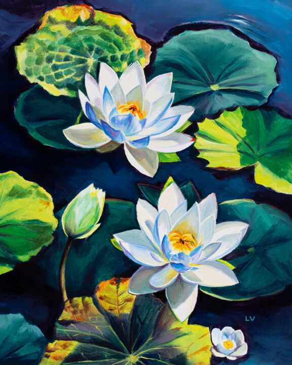 Painting titled "White water lily fl…" by Lucia Verdejo, Original Artwork, Oil Mounted on Wood Panel
