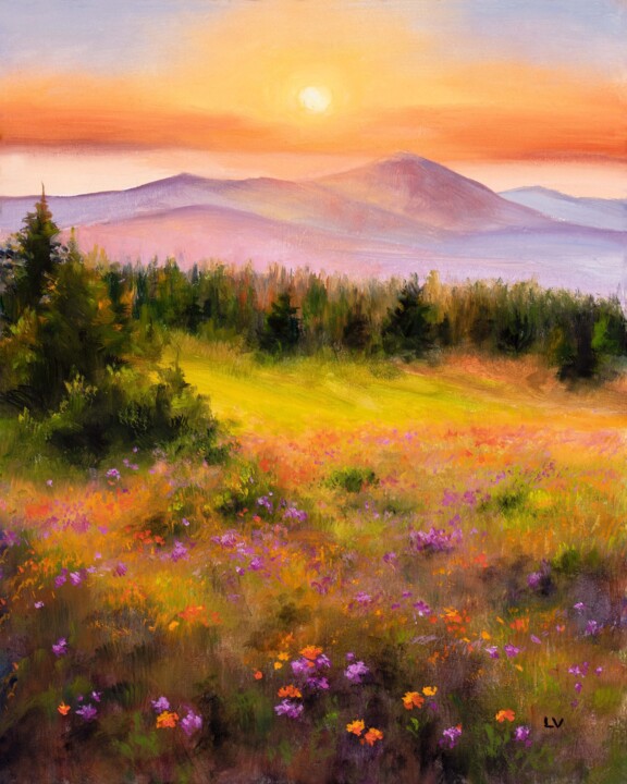 Картина под названием "Blooming meadow in…" - Lucia Verdejo, Подлинное произведение искусства, Масло Установлен на Деревянна…