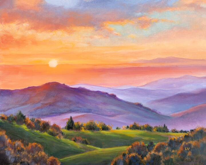 Painting titled "Sunset in the Adiro…" by Lucia Verdejo, Original Artwork, Oil Mounted on Wood Panel