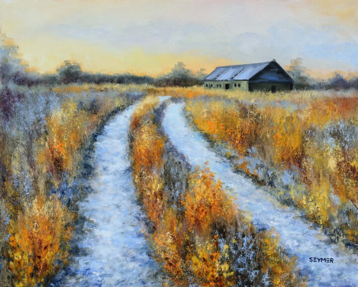 Painting titled "Frosty country road…" by Lucia Verdejo, Original Artwork, Oil Mounted on Wood Panel