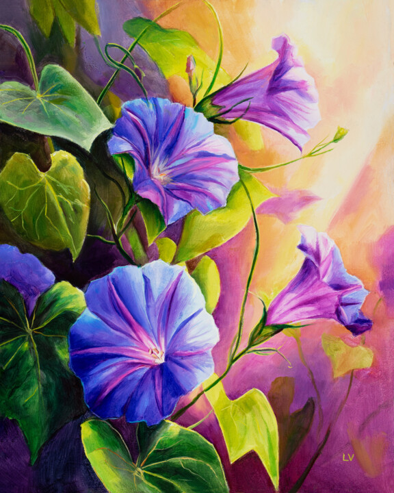 Painting titled "Morning glory flowe…" by Lucia Verdejo, Original Artwork, Oil Mounted on Wood Panel