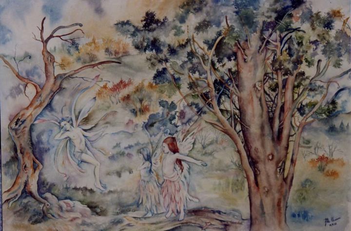 Pittura intitolato "elfi minori" da Lucia Mazzoni, Opera d'arte originale, Acquarello