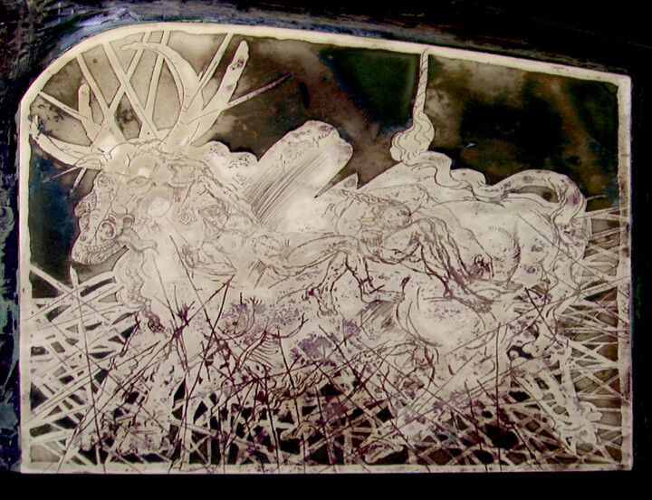 Printmaking titled "Metamorphosis" by Lucian Irimescu, Original Artwork, Etching Mounted on Wood Panel