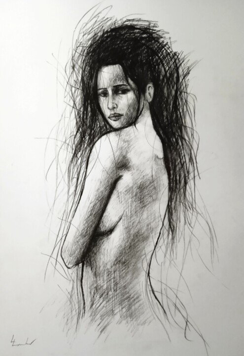 Drawing titled "Goddess N' 9" by Luciano Lombardi, Original Artwork, Charcoal
