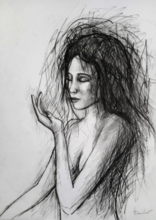 Desenho intitulada "The Wind girl" por Luciano Lombardi, Obras de arte originais, Carvão