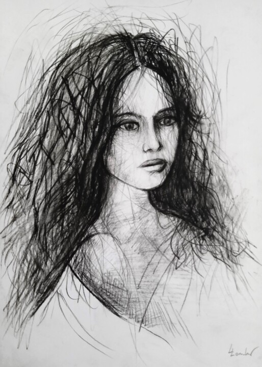 Drawing titled "Little Gipsy" by Luciano Lombardi, Original Artwork, Charcoal