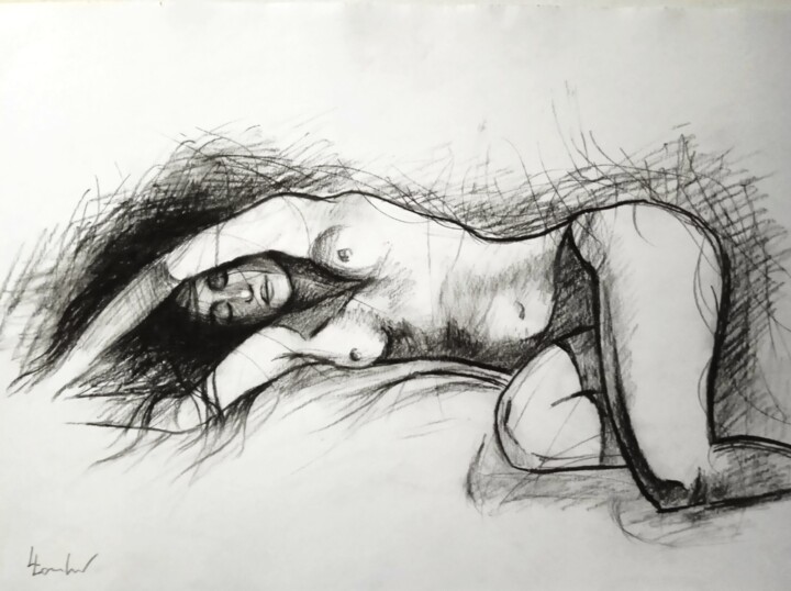 Dessin intitulée "Reclining nude 2" par Luciano Lombardi, Œuvre d'art originale, Fusain
