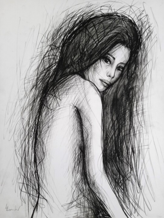 Drawing titled "Mystical Nymph" by Luciano Lombardi, Original Artwork, Charcoal