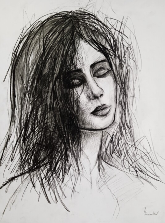 Drawing titled "With eyes closed" by Luciano Lombardi, Original Artwork, Charcoal