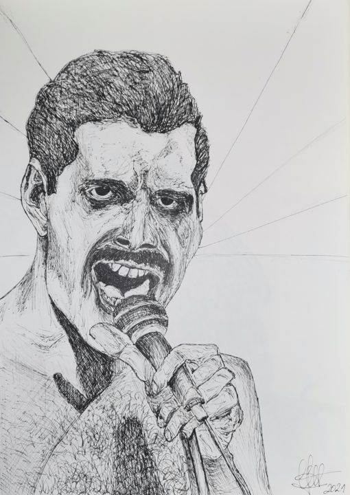 Drawing titled "Freddie Mercury (ca…" by Luciano Costa, Original Artwork, Ballpoint pen