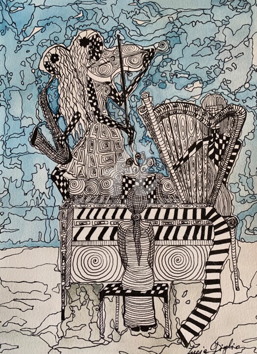 Dibujo titulada "Les musiciennes s’e…" por Lucie Giglio, Obra de arte original, Tinta