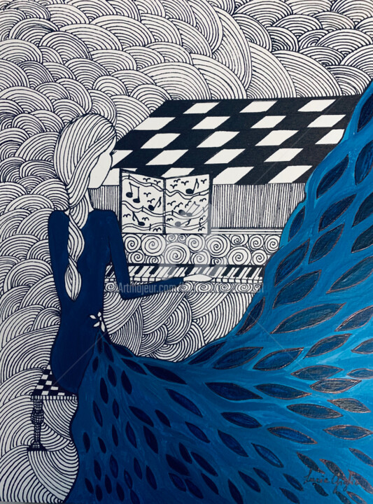 Dessin intitulée "La pianiste en bleue" par Lucie Giglio, Œuvre d'art originale, Aquarelle
