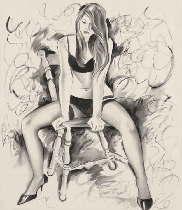 Drawing titled "Sensuelle - 7502" by Lucie Gonella, Original Artwork, Ink Mounted on Wood Stretcher frame