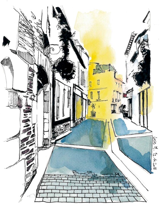 Картина под названием "Rue de la Fontaine…" - Lucie Marcillat, Подлинное произведение искусства, Чернила