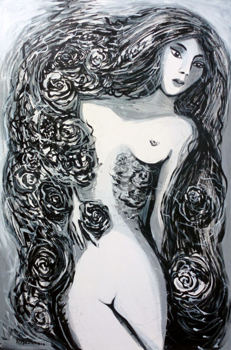 Peinture intitulée "Rose dans les roses" par Lucie Rydlova, Œuvre d'art originale, Acrylique