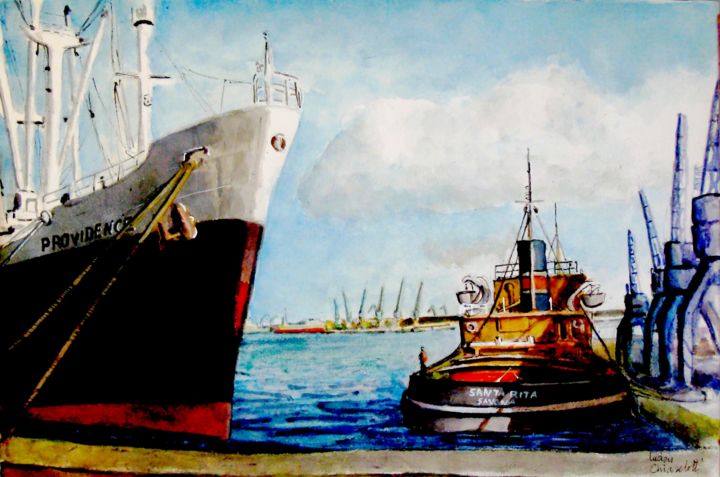 Painting titled "BARCELONE. Le port." by Lucien Chiaselotti, Original Artwork, Watercolor