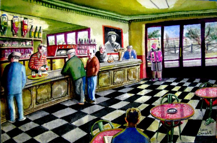 Painting titled "PARIS. Le bar du qu…" by Lucien Chiaselotti, Original Artwork, Watercolor