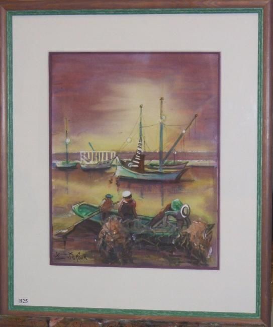 Painting titled "L3 - Pêcheurs au cr…" by Lucien Dufour, Original Artwork, Watercolor Mounted on Cardboard