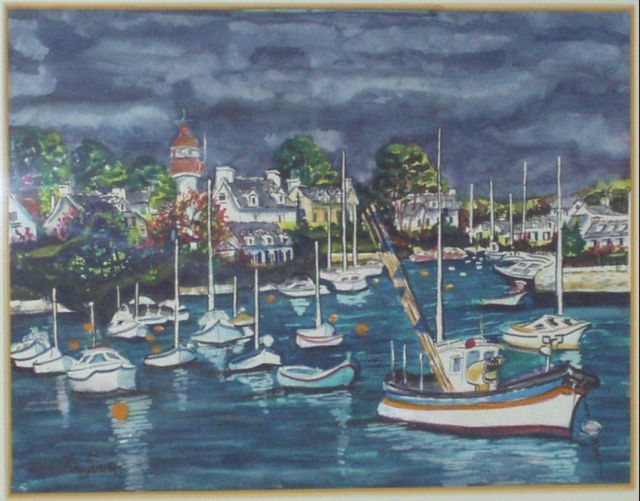 Painting titled "L8 - Devant un port…" by Lucien Dufour, Original Artwork