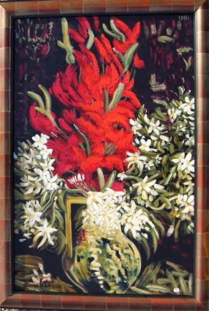 Painting titled "A6. Glaïeuls rouges" by Lucien Dufour, Original Artwork, Oil