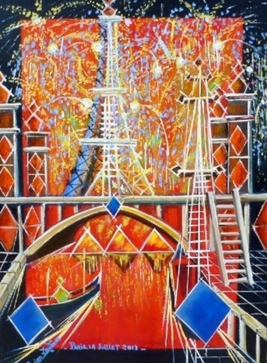 Painting titled "N7 La Tour Eiffel i…" by Lucien Dufour, Original Artwork, Oil Mounted on Wood Stretcher frame