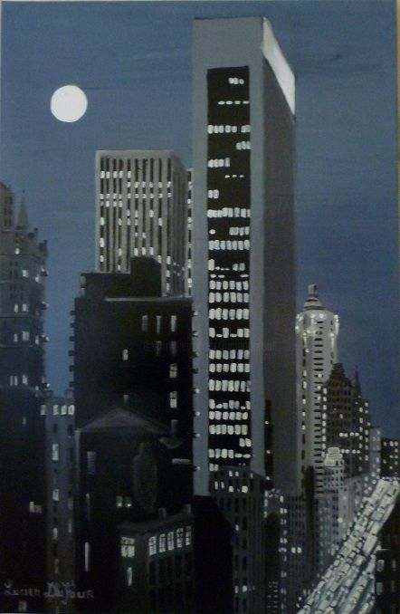 Painting titled "j26- Nuit sur Manha…" by Lucien Dufour, Original Artwork, Oil Mounted on Wood Stretcher frame